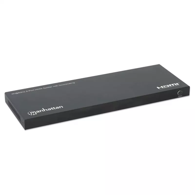 Manhattan 4K@60Hz 8-pordiline HDMI-jaotur skaleerimise vähendamisega, jaotab ühe HDMI-sisendi kaheksale HDMI-väljundile (1x8), 18G, EDID-lüliti skaleerimise vähendamiseks, must