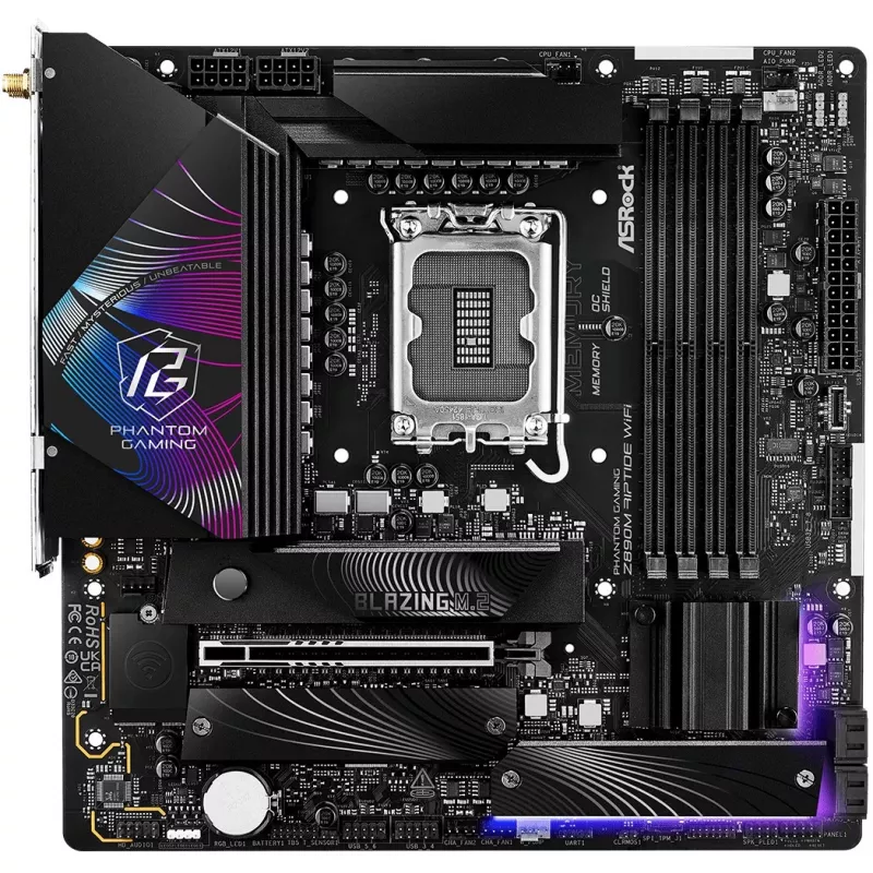 Emaplaat ASRock Phantom Gaming Z890M Riptide WiFi — Intel Z890, LGA1851, microATX, DDR5, 4x DIMM, 256 GB, Wi‑Fi 6E, 2,5Gb LAN