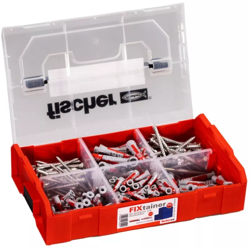 FixTainer - DUOPOWER & DUOSEAL + kruvid, seinapistik helehall/punane, 275-osaline