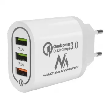 Seinalaadija MACLEAN MCE479W — 3-pordiline USB-kiirlaadija, koguvõimsus 18 W