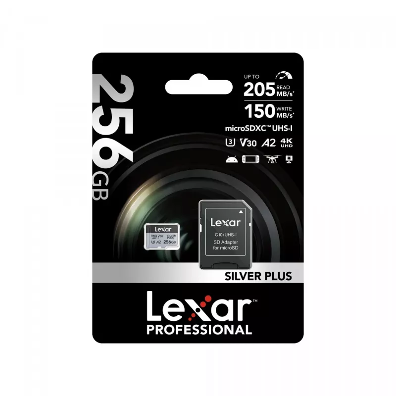 Mälukaart microSD 256GB C10 A2 U3 V30 205/150MB/s Silver Plus