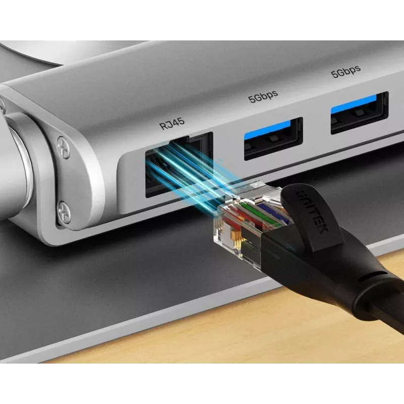 Sülearvuti alus Unitek D1109B01 — alumiiniumist reguleeritav alus eemaldatava USB‑C HDMI 4K PD 100W, 2x USB‑A, RJ‑45, kuni 17-tollistele