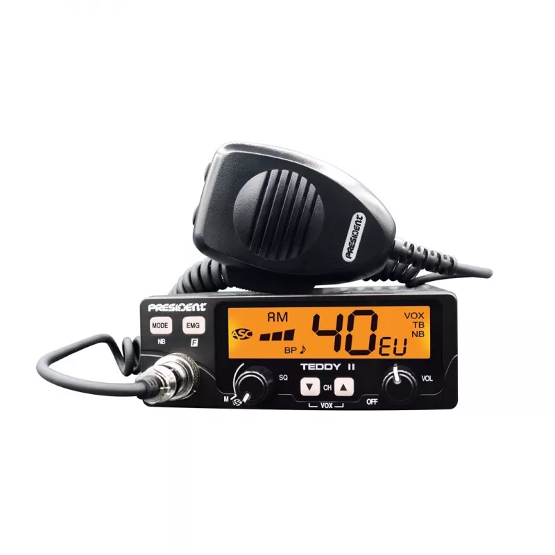 CB-raadio President Teddy II+ — 40 kanalit, 4 W TX, 12/24 V, mürasummuti, 125×125×45 mm