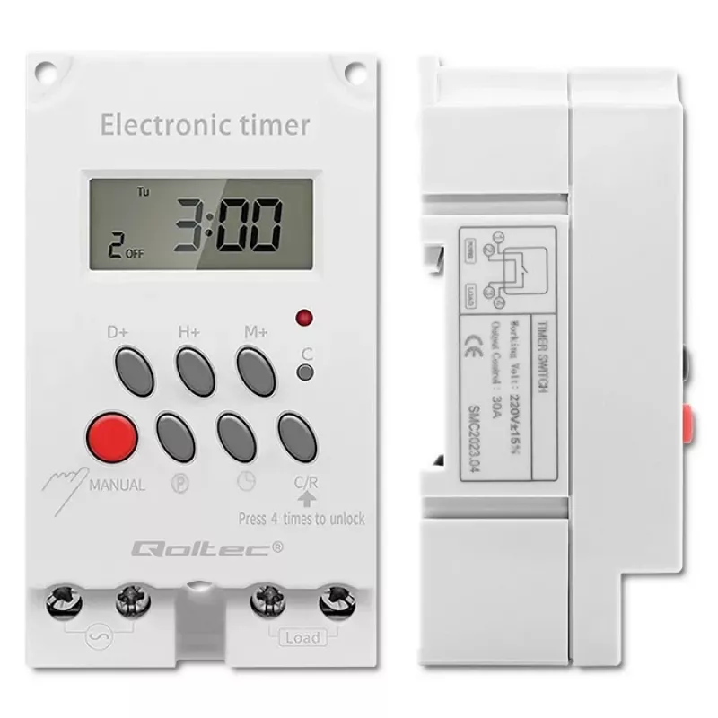 DIN-liistule paigaldatav elektrooniline taimer QOLTEC PC0629 — 24 V toide, 16 A väljund