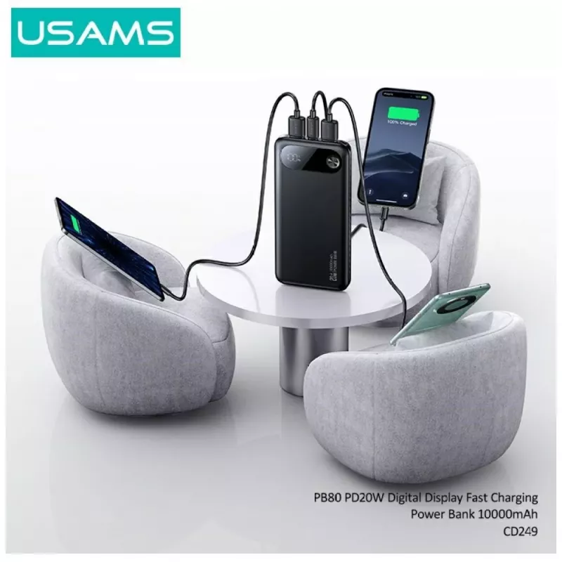Akupank usams PB80 PD20W 10000 mAh — kaasaskantav laadija, must