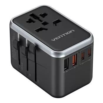 Vention reisiadapter FJFB0 65W — 2× USB-C PD/PPS, 2× USB-A (QC/BC), HDMI väljund, alumiinium/must