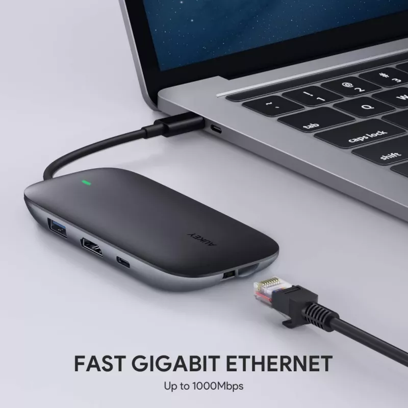 Sülearvuti dokkimisjaam AUKEY CB-C71 — 3× USB-C (USB 3.2 Gen1), HDMI, RJ‑45, MicroSD, USB PD 100W, 0,15 m kaabel, must