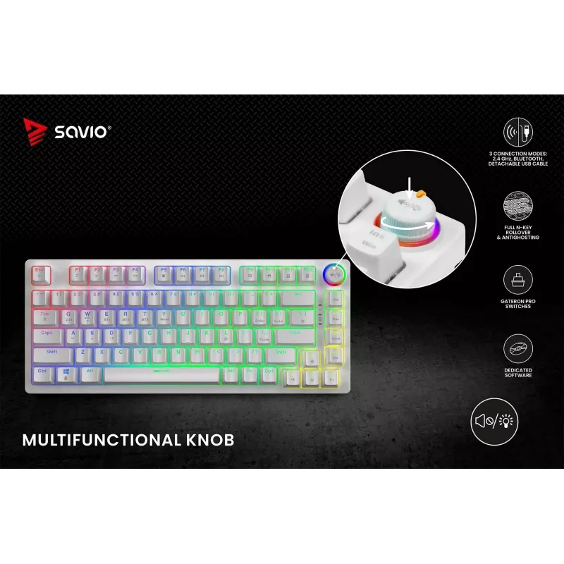 SAVIO PHENIX WHITE juhtmeta mehaaniline klaviatuur, Gateron Red Pro, ABS