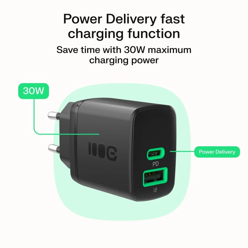 Laadija roheline Cell PowerSource Duo30 – 1× USB-A, 1× USB-C, 3A