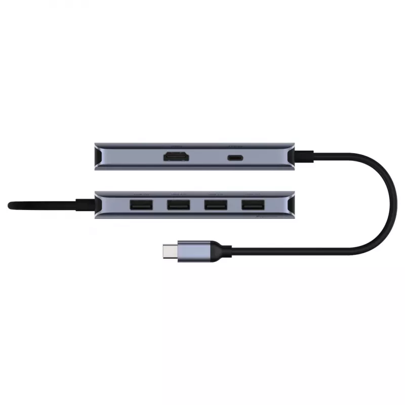 USB-C jaotur Cudy UH500 — USB 3.2 Gen 1 USB-C host, 6 porti, sh USB 3.2 Gen 1 Type-A ja HDMI, 5000 Mbit/s, hall/hõbedane