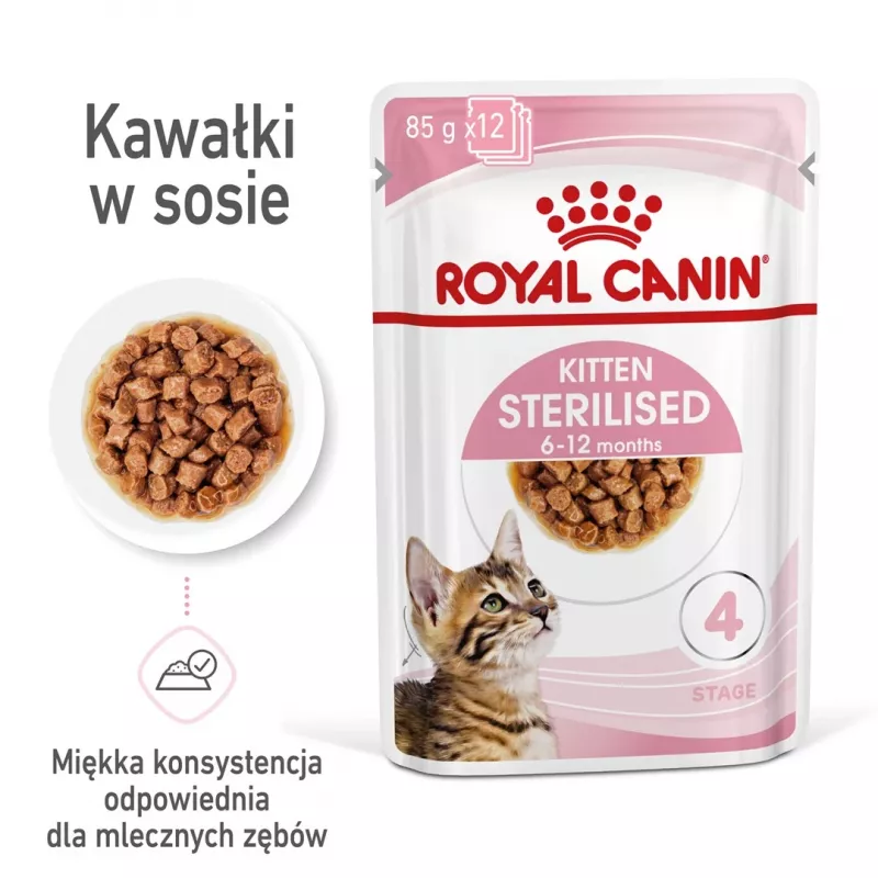 Märg kassitoit Royal Canin Sterilised Gravy, 12 x 85 g kotikest — kana, steriliseeritud/kastreeritud kassipoegadele, 11% valku, 80,5% niiskust