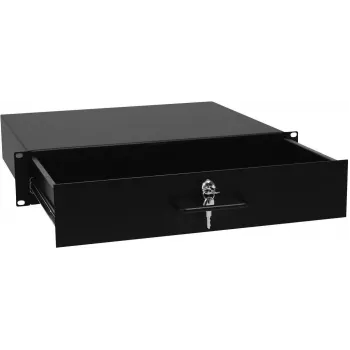 Lukuga rack-sahtel Omnitronic 2U — mudel 30100952, esiküljele paigaldatav metallist hoiusahtel 19-tolliste rackide jaoks