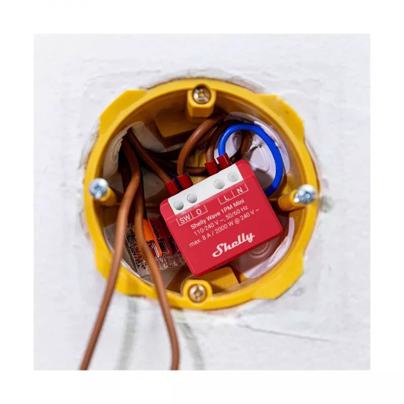 Seinapealne nutirelee Shelly 1PM — ühe kanaliga Z-Wave minilüliti, 110–240V, 8A, 2000W, 868,4 MHz
