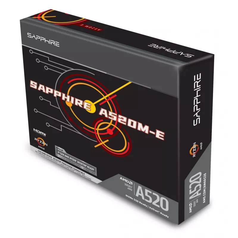 Micro ATX emaplaat Sapphire A520M-E pesale AM4, AMD A520 kiibistik, 2x DDR4 DIMM, max 64 GB, PCIe 3.0 x16/x1, SATA III, Gigabit LAN