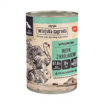 Märg koeratoit wiejskazagroda Turkey with Rabbit 400 g — täisväärtuslik konservtoit, kalkun ja küülik, täiskasvanud, allergikutundlik