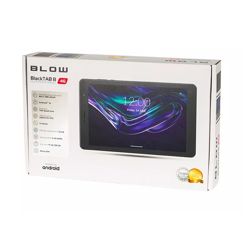Tahvelarvuti BLOW MustTAB8 8-tolline 4G LTE, 3 GB muutmälu, 32 GB eMCP, Android 14, IPS 1200×1920, MicroSD