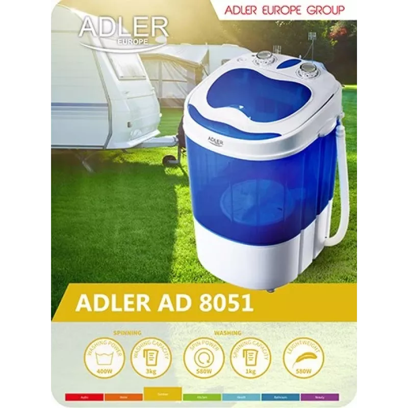 Adler | AD 8051 | Pesumasin | Energiatõhususe klass | Pealtlaadimine | Pesukogus 3 kg | Pöörlemiskiirus määramata | Sügavus 37 cm | Laius 38 cm | Valge/sinine