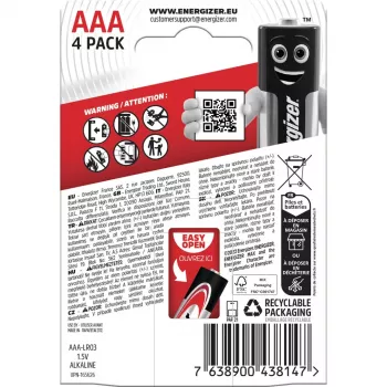 Energizer Max aluselised patareid AAA LR03, 4 tk, keskkonnasõbralikus pakendis