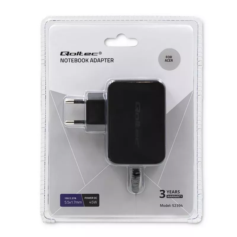 Toiteadapter QOLTEC 45W 19V 2.37A pistikuga 5,5x1,7 mm