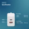 AC Indoor USB GaN Charger DIGITUS DA-10301 — 30W, 1× USB-C, 1× USB-A, 100–240V, valge