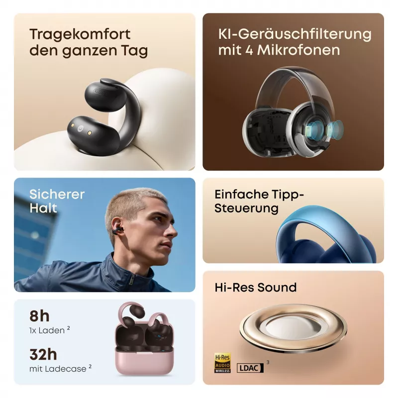 ANKER Soundcore AeroClip sinised avatud kõrvaklambriga kõrvaklapid Hi-Res heli LDAC NC IP55 AI-toega kõned