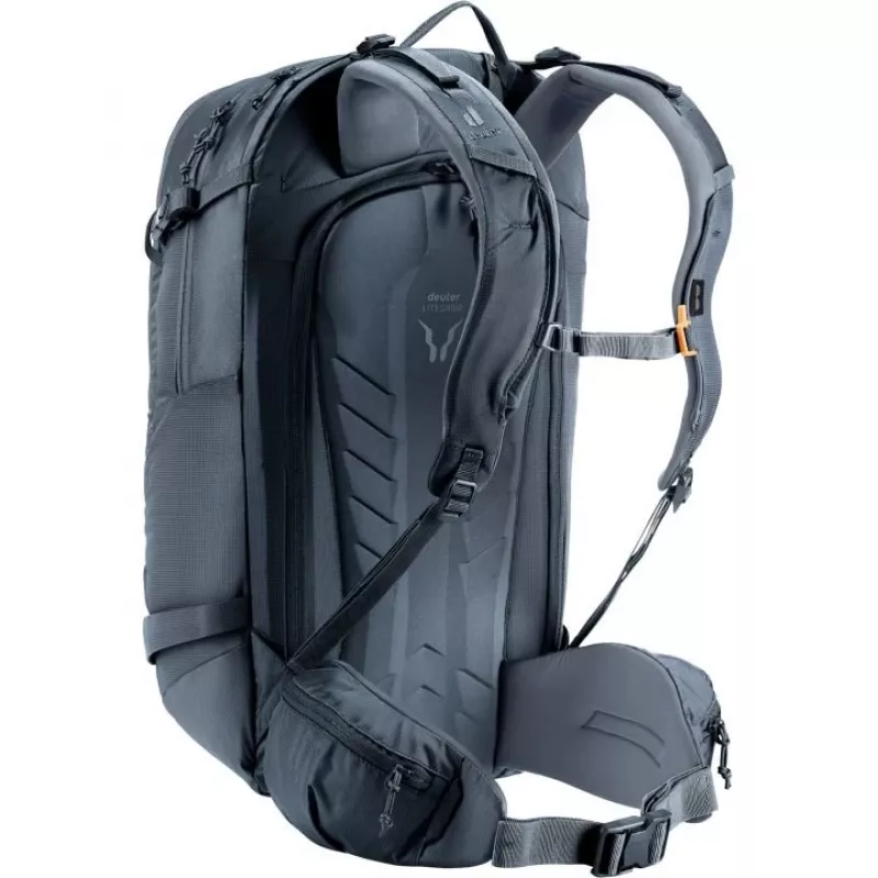 Seljakott DEUTER Freerider Pro 34+ — tehniline freeride-suusamatkade seljakott, 34 l, must, kiivrihoidik, puusavöö