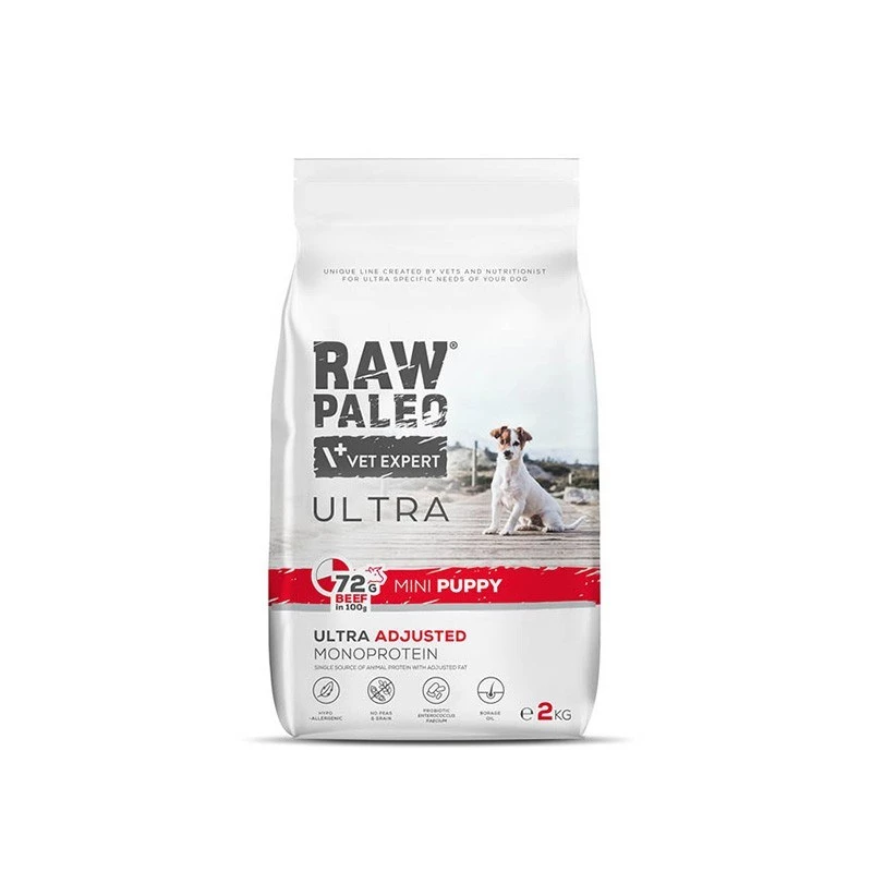 Kuiv koeratoit VETEXPERT RAW PALEO Ultra Mini Puppy Beef 2 kg — kuivkibble väikest tõugu kutsikatele, 30,5% valku, 16,5% rasva