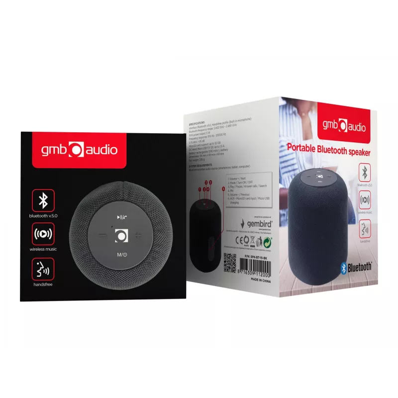 Mono kaasaskantav kõlar Gembird SPK-BT-15-BK — 5 W RMS, Bluetooth, MicroSD, 1200 mAh, must