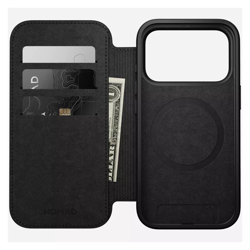 Mobiiltelefoni nahast foliokaas Nomad Modern Leather Folio Cover iPhone 17 Pro jaoks, 16 cm (6,3 tolli), must, 4 kaarditaskuga