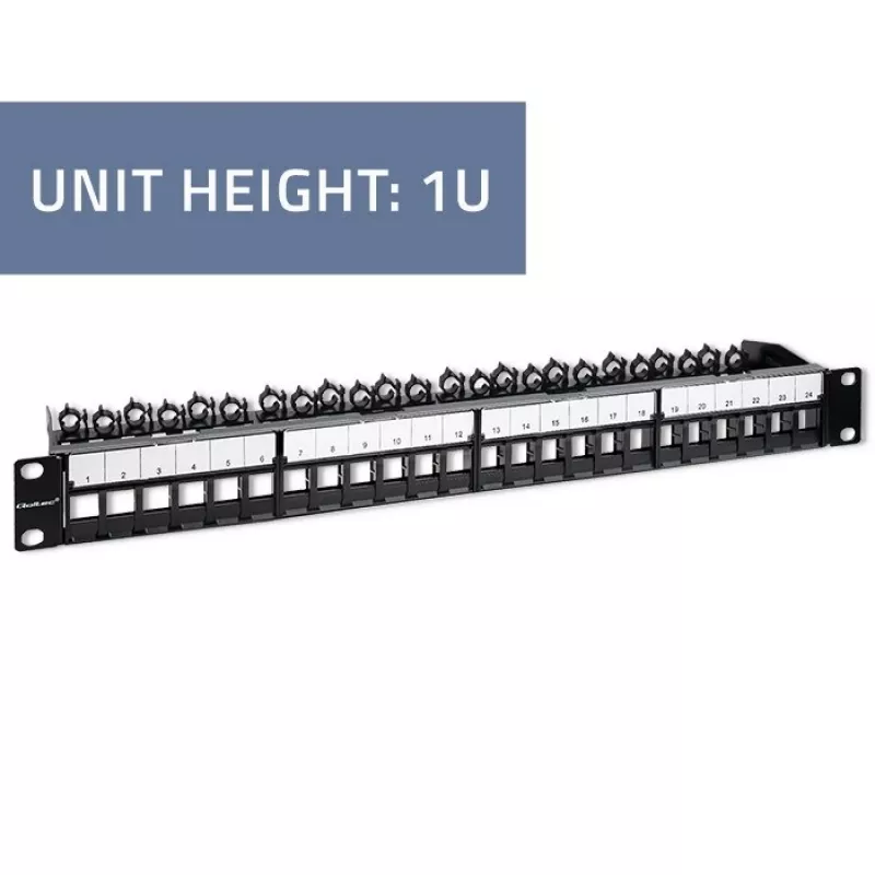Qoltec 54516 19-tollise serverikapi paigutuspaneel, 24 porti, 1U, UTP, must
