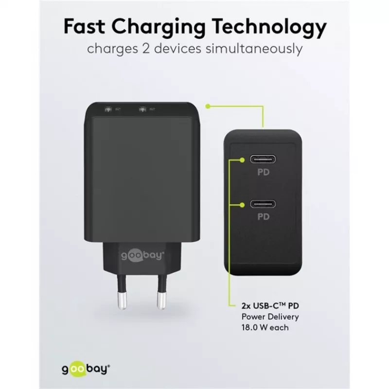 Siselaadija Goobay 61757 kiirlaadimine USB USB-C 2 porti must