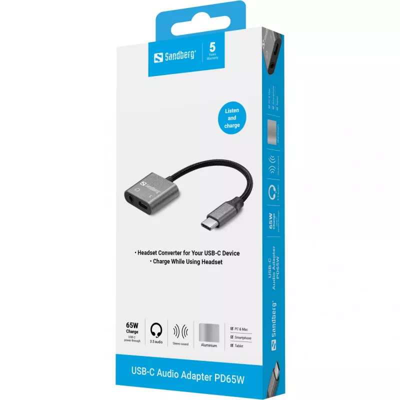 USB-C audio adapter SANDBERG PD65W 136-67 USB-C PD läbivooluga