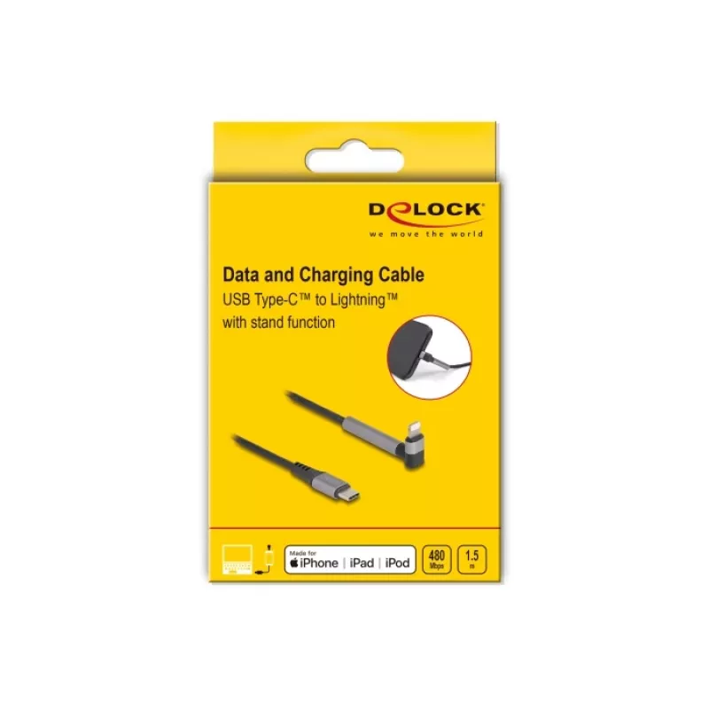 USB USB-C to Lightning laadimis- ja andmekaabel nurgelise pistikuga ja alusfunktsiooniga, DELOCK 1,5 m, 9 V 3 A (MFi)
