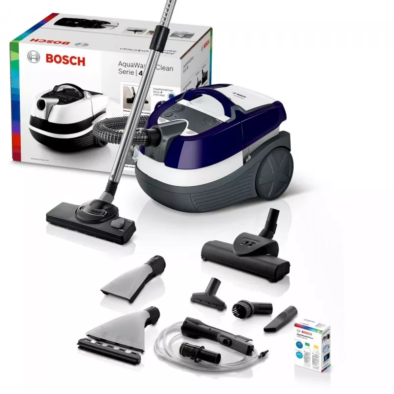 Märg- ja kuivtolmuimeja Bosch BWD 41740 AquaWash&Clean — 1700 W, 5 L paak, EPA filter, teleskooptoru, 9 m raadius, lilla