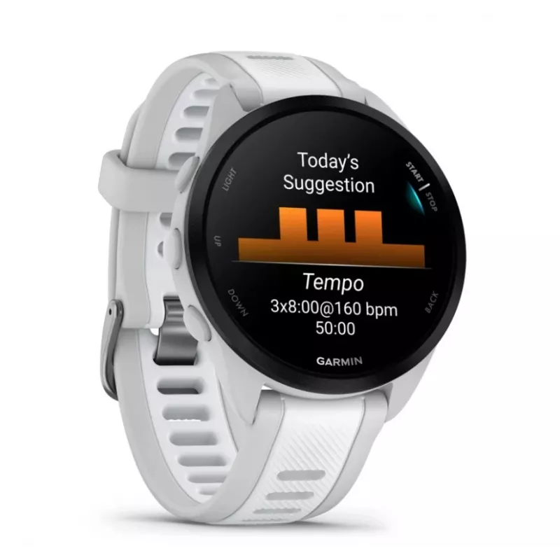 Nutikell GARMIN Forerunner 165 — GPS, AMOLED 1,2 tolli, 4 GB, 5 ATM, aku kestvus 11 päeva, hall korpus, valge rihm