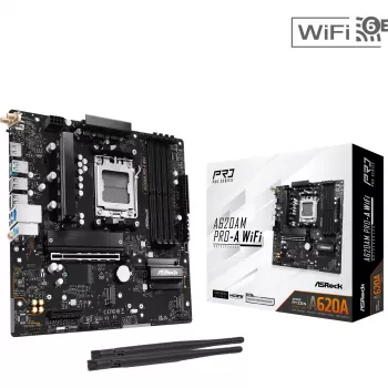 Emaplaat ASRock A620AM Pro-A WiFi AM5 mATX — AMD A620, pesa AM5, DDR5 kuni 256 GB, Wi‑Fi 6E, 2,5 Gb LAN, HDMI 2.1