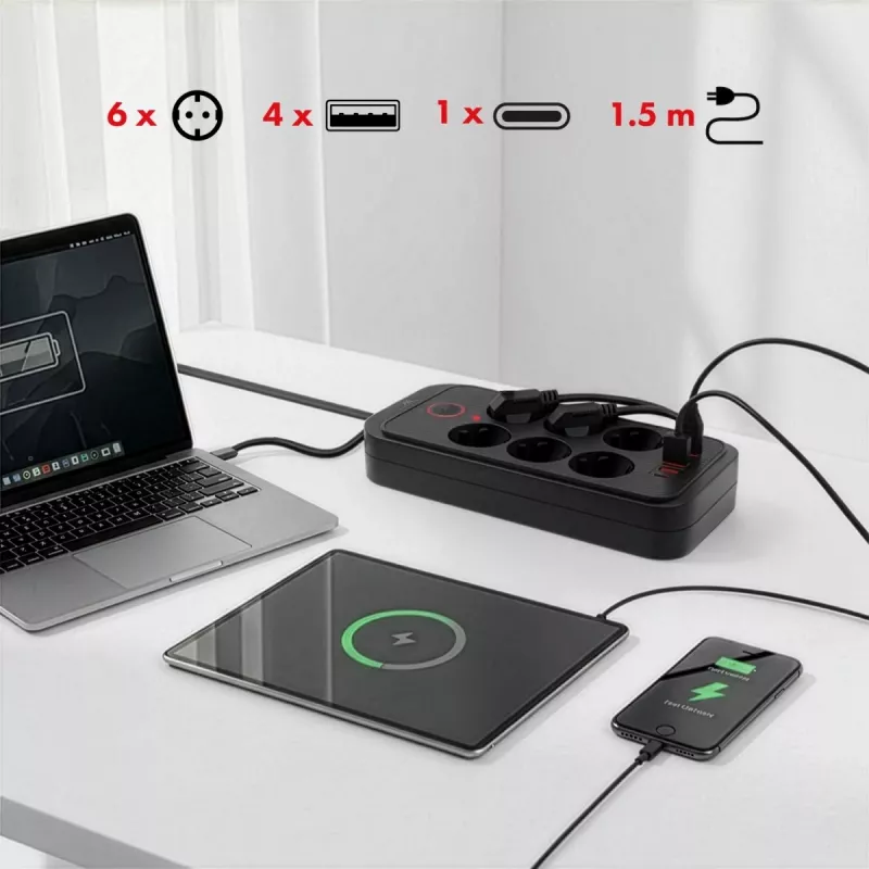 Pistikupesadega pikendusjuhe MACLEAN MCE389 B — 6 pistikupesa, 4×USB-A + 1×USB-C, 110–240V, 2,1A, 2500W, 1,5 m kaabel, must