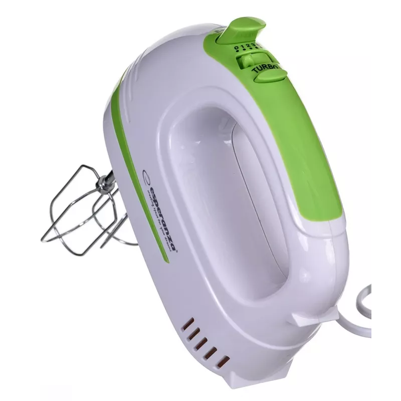 Käsisegisti ESPERANZA EKM011 — 400 W, 5 kiirust, turbo, taignakonksud ja visplid, 220–240 V, valge/heleroheline