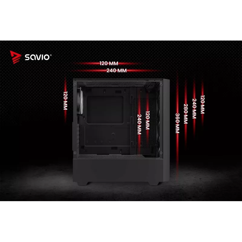 Arvutikorpus SAVIO Noctis Flow RGB — Kuubik, ATX/Mini-ITX, 3x 120 mm esiventilaatorit, karastatud klaasist külg, max GPU 35 cm