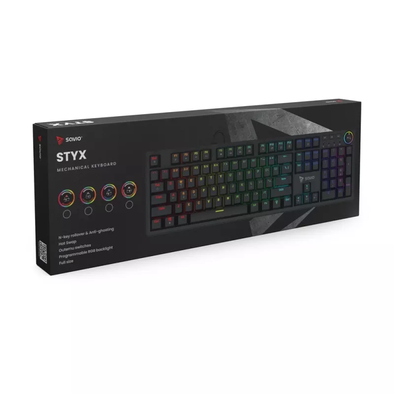 Mehaaniline mänguklaviatuur SAVIO STYX Outemu Red — täissuuruses 104-klahviga USB-juhtmega, RGB, ANSI US International, 1,5 m, must
