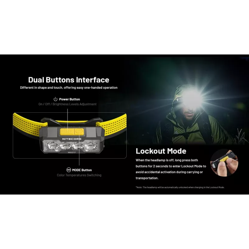 Nitecore NU27 otsmikulamp must, kollane peapaelaga LED-lamp