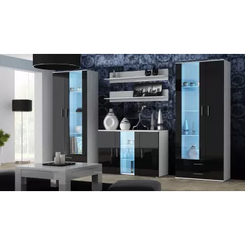 Külgkapp Cama Meble SOHO S7 120 cm — 3 ust, 4 riiulit, valge pealispind, must läikiv