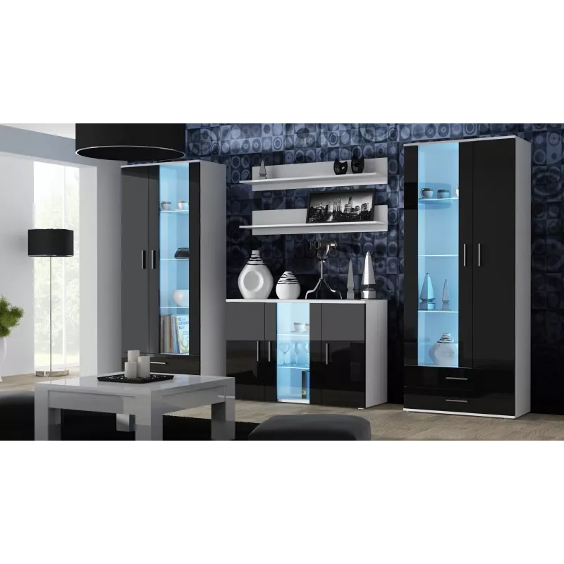 Külgkapp Cama Meble SOHO S7 120 cm — 3 ust, 4 riiulit, valge pealispind, must läikiv