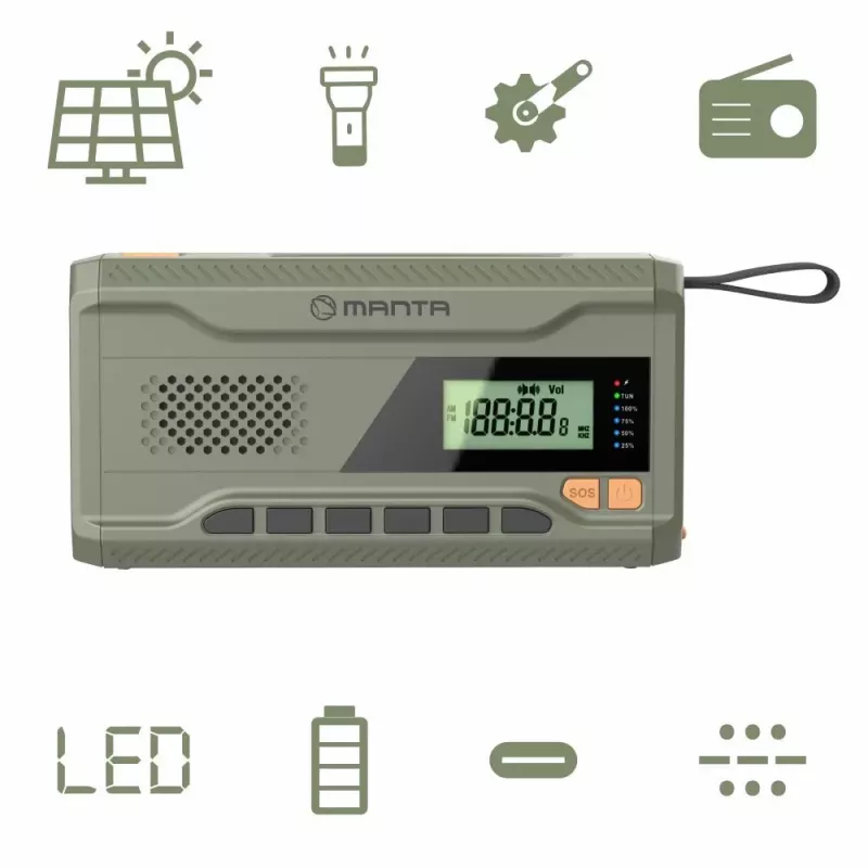Kaasaskantav FM-raadio MANTA RDI401G päikesepaneeli, dünamovända, 4000–4500 mAh aku, 5 V USB väljundi, 3 W ja taskulambiga