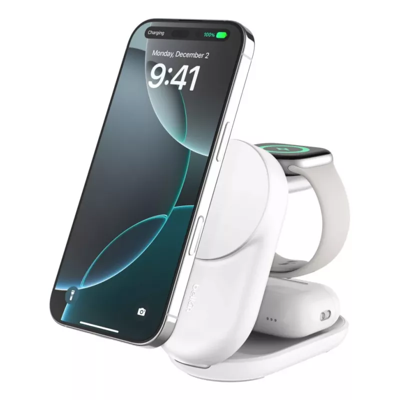 Sisetreilaadur Belkin UltraCharge 25w Qi2 3in1 Magnetlaadur EL valge ümmargune