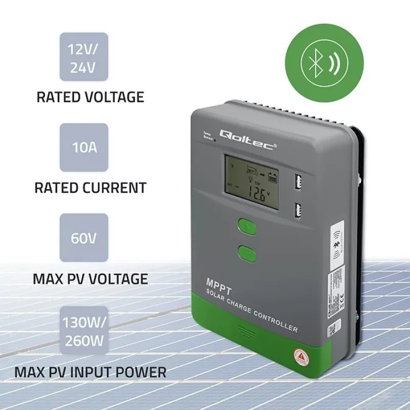 MPPT päikeselaadimiskontroller QOLTEC 10A 12V/24V süsteemidele LCD-ekraaniga