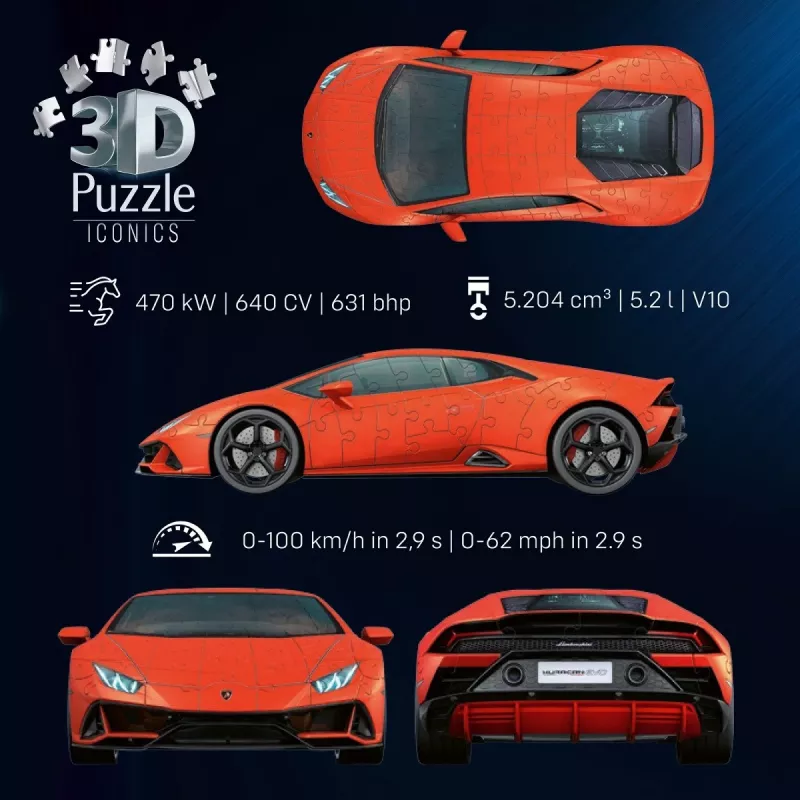 3D Puzzle Ravensburger Lamborghini Huracan EVO — 158 osa, mudelkonstruktsioon