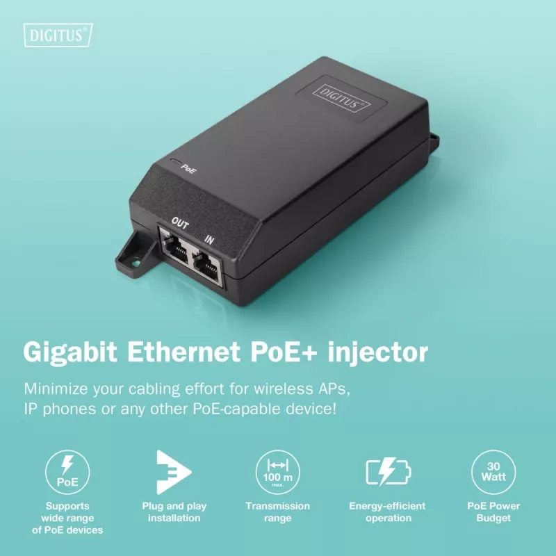 Digitus Gigabit Ethernet PoE+ süstija 802.3at 30 W must