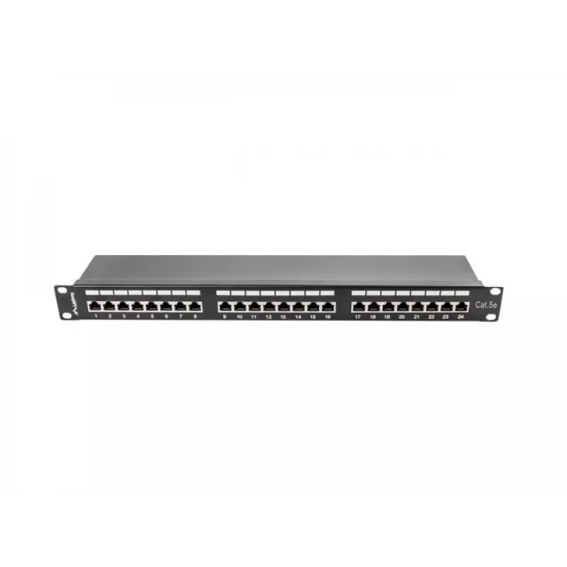 Patch-paneel 1U LANBERG PPS5-1024-B — 24-port RJ-45 Cat5, metallist, must, riiulile paigaldatav