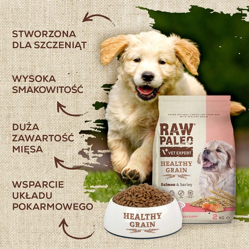 Kuiv koeratoit VETEXPERT Raw Paleo Healthy Grain Puppy lõhe ja oder 10 kg, valk 29% rasv 17% niiskus 9%